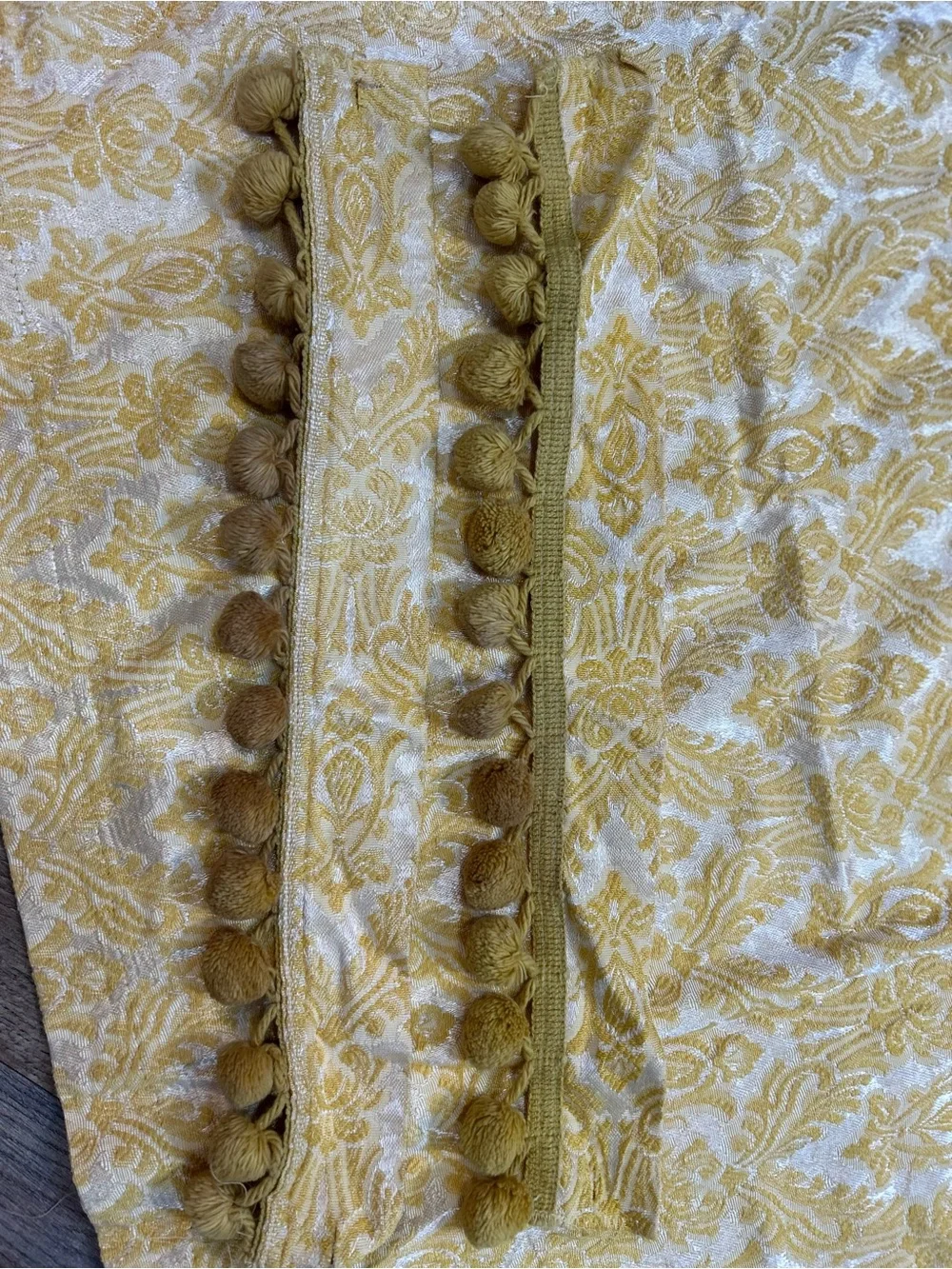Vintage 5-Pc Yellow & Ivory Damask Curtain Set - 2 Panels, Valance, Tie-backs Po